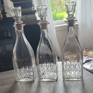 Set of Three Clear Glass Bar  Decanters; Vintage!
